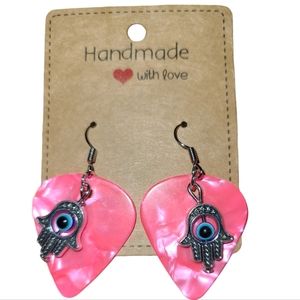 Handmade Pink Guitar Pick With Evil Eye Hand of Fatima L4